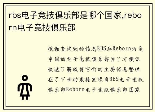 rbs电子竞技俱乐部是哪个国家,reborn电子竞技俱乐部